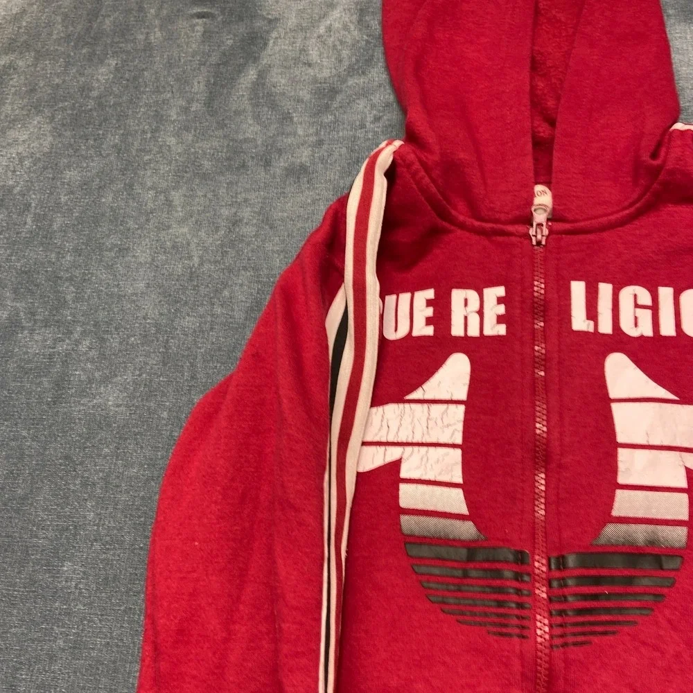 True Religion Hoodie Mens Large Red Fleece Lined Full Zip Graphic Print Winter